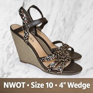 NWOT MIA Braided Strap Wedge Sandals Brown Multi | Size 10M | 4” Heel